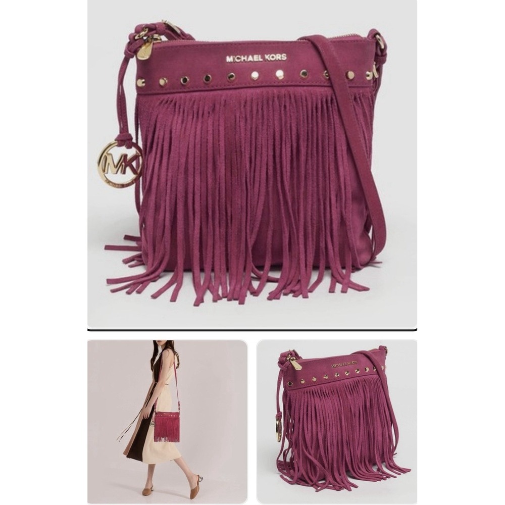 MICHAEL KORS Billy Vibrant Fuchsia Suede Fringe Crossbody Shoulder Bag Purse